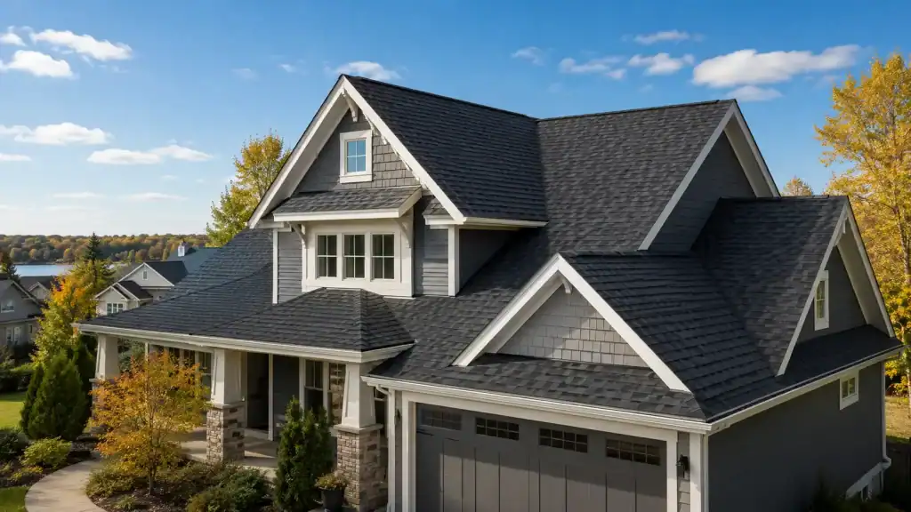 Gray Craftsman home with dark shingle roof