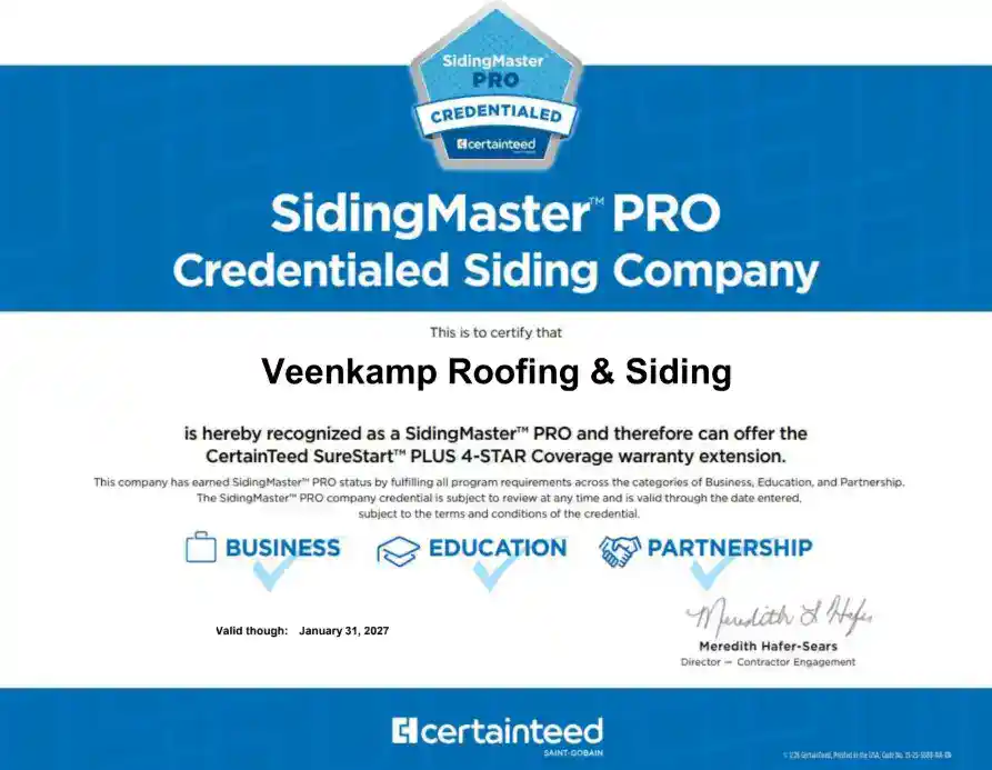 CertainTeed SidingMaster™ PRO Credential Contractor - Veenkamp Roofing and Siding