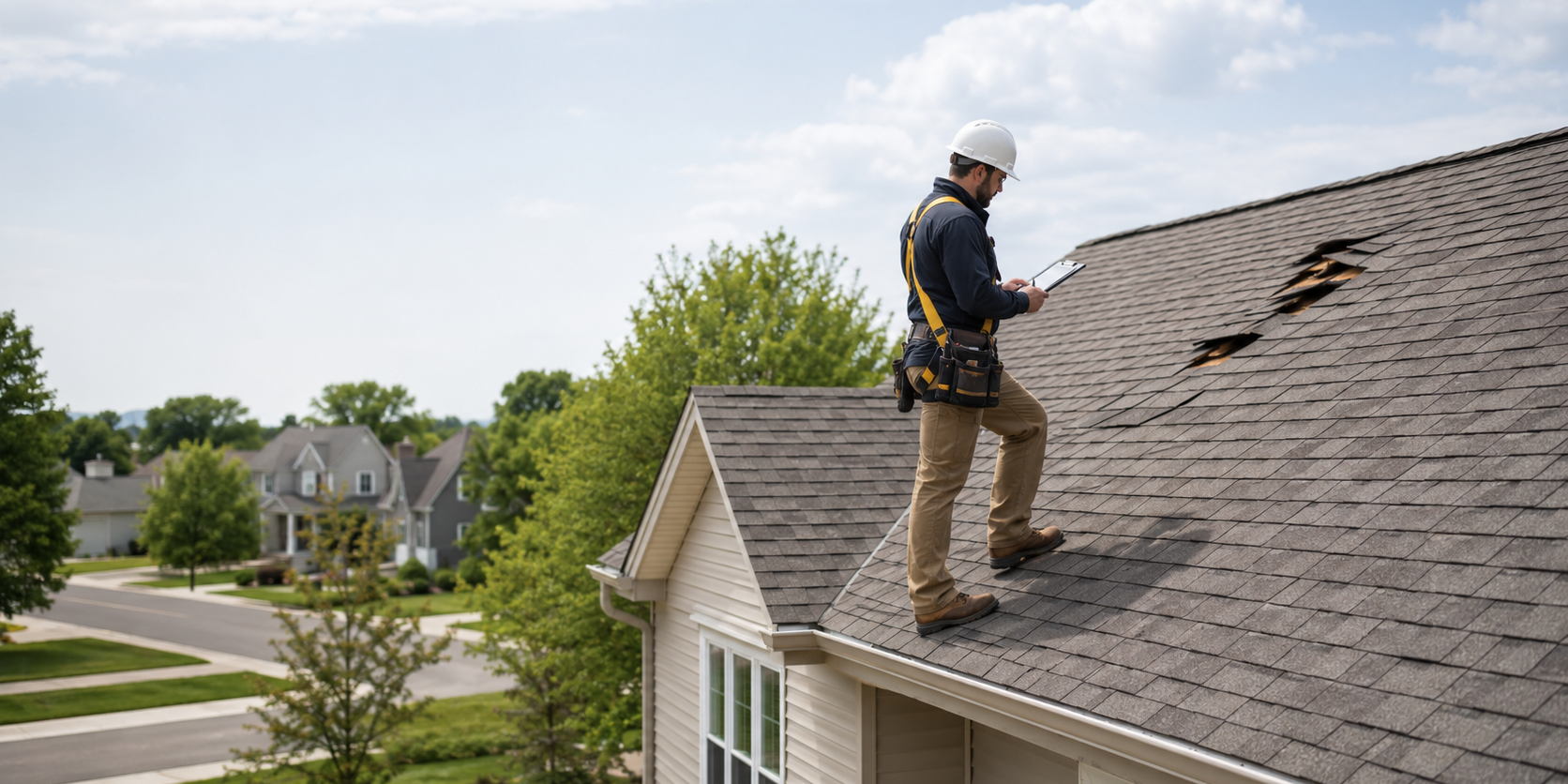 Roofer inspecting damaged shingles on suburban home roof