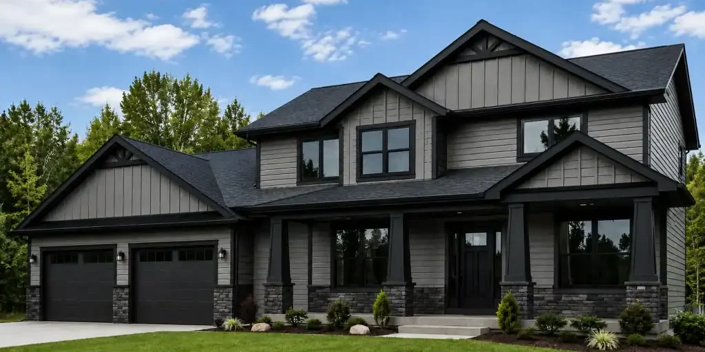 LP SmartSide Quarry Gray: Modern two-story gray house with double garage